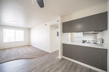 An empty living room and kitchen with white walls and wood flooring